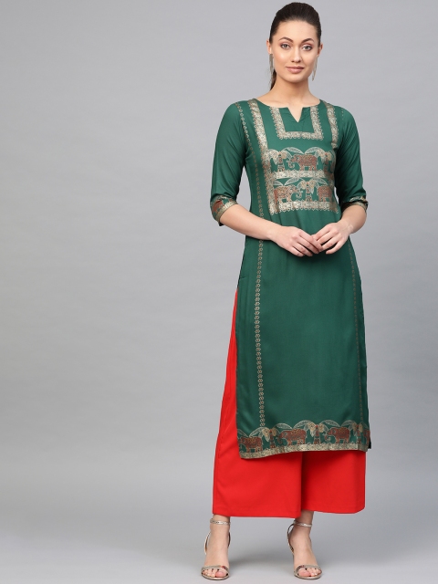 

Libas Women Green & Golden Block Print Straight Kurta