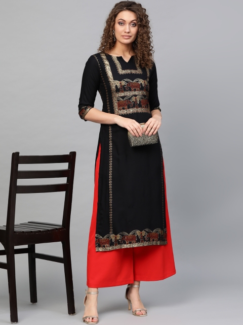 

Libas Women Black & Golden Printed Straight Kurta