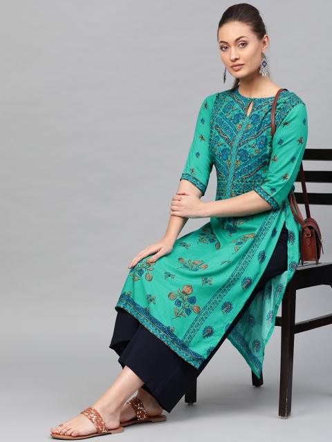 

Libas Women Green & Blue Printed Straight Kurta