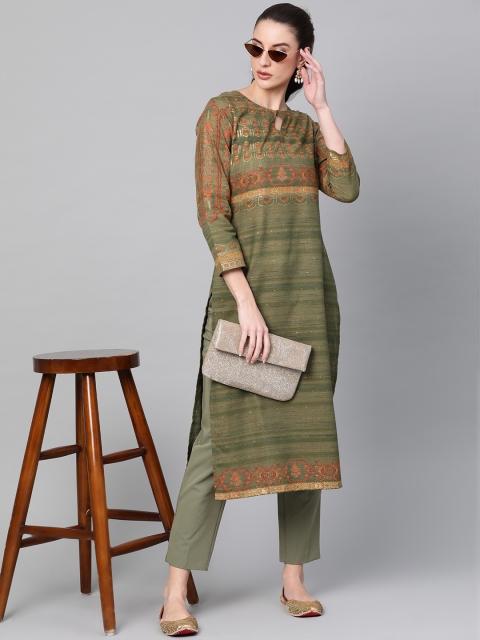 

Libas Women Green & Orange Block Print Straight Kurta