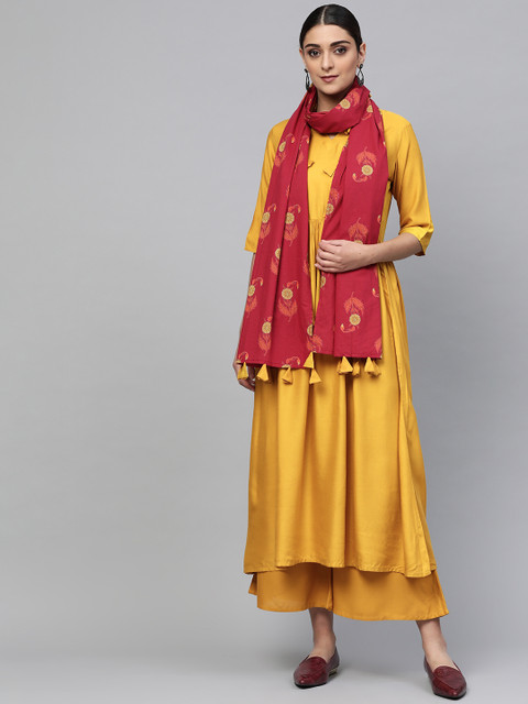 

Libas Women Mustard Yellow & Maroon Solid Kurta with Palazzos & Dupatta