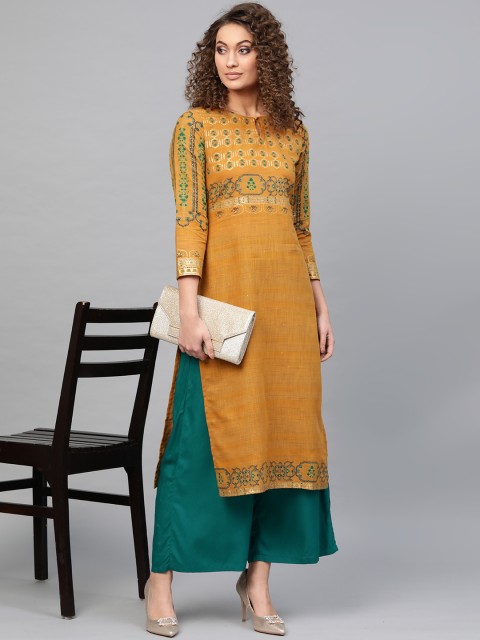 

Libas Women Mustard Yellow & Golden Block Print Straight Kurta