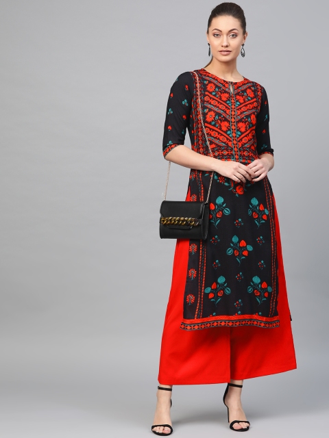 

Libas Women Black & Orange Printed Straight Kurta