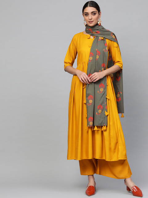 

Libas Women Mustard Yellow & Olive Greenn Solid Kurta with Palazzos & Dupatta