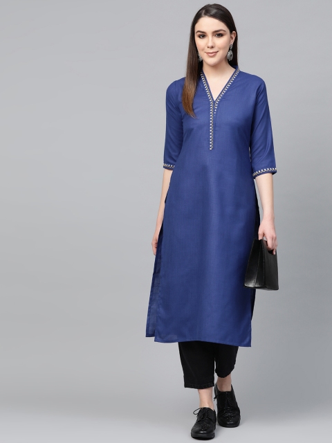 

Libas Women Navy Blue Solid Straight Kurta