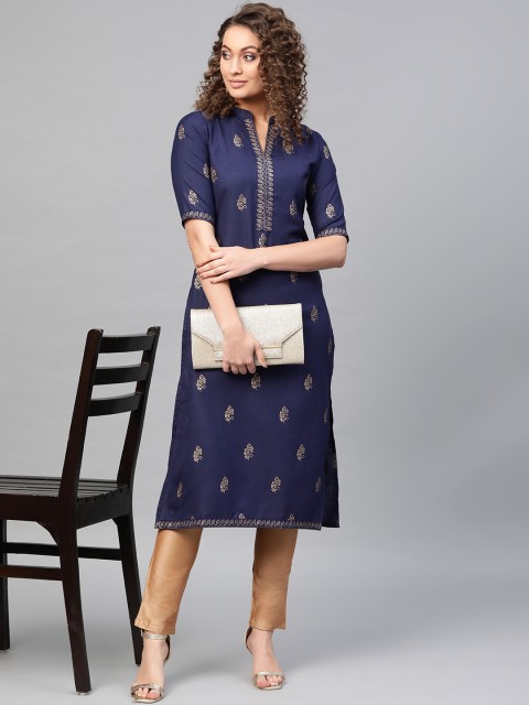 

Libas Women Navy Blue & Golden Block Print Straight Kurta