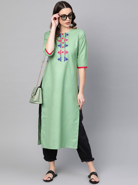 

Libas Women Green Yoke Design Straight Kurta
