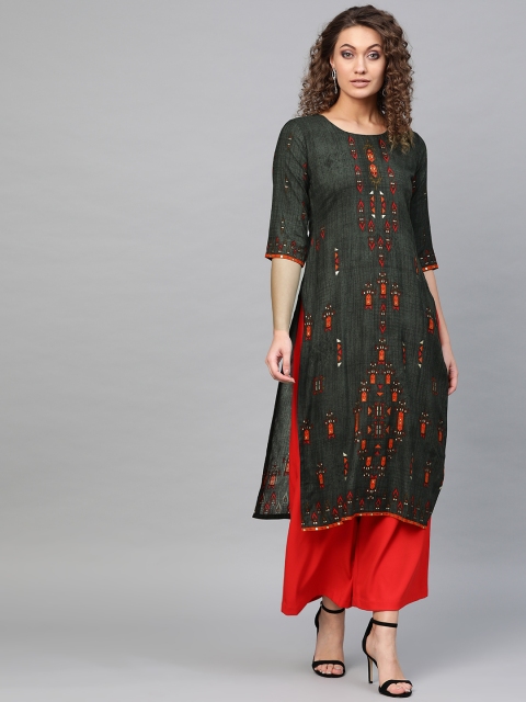 

Libas Women Charcoal Grey & Red Printed Straight Kurta