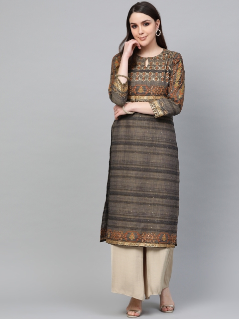 

Libas Women Charcoal Grey & Golden Block Print Straight Kurta