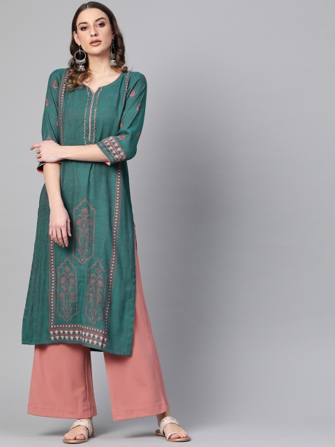 

Libas Women Green & Pink Printed Straight Kurta