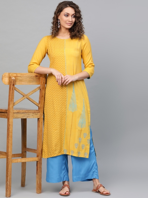 

Libas Women Yellow & Blue Printed Straight Kurta