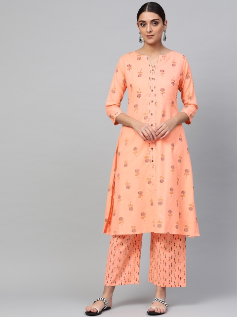 

Libas Women Peach-Coloured & Black Printed A-Line Kurta with Palazzos