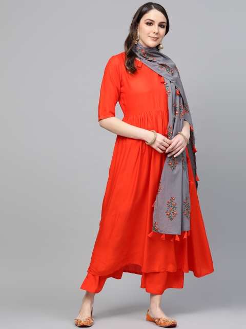 

Libas Women Orange & Grey Solid Kurta with Palazzos & Dupatta