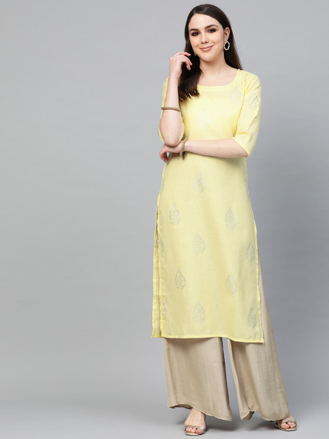 

Libas Women Yellow & Silver Block Print Straight Kurta