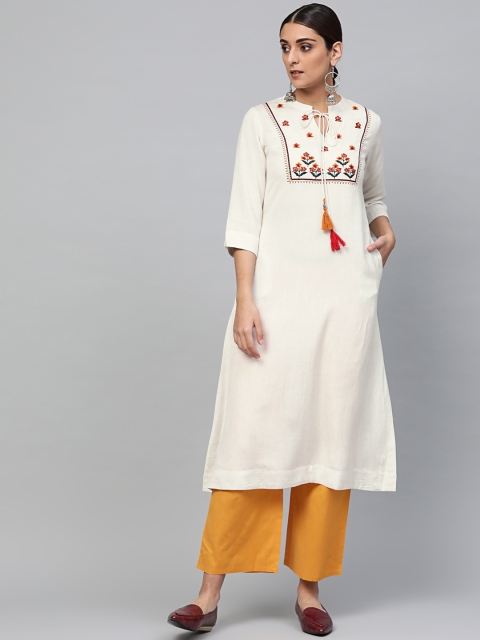 

Libas Women Off-White & Mustard Yellow Yoke Design Kurta with Palazzos
