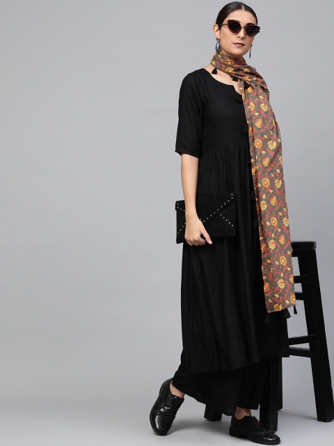 

Libas Women Black & Olive Green Solid Kurta with Palazzos & Dupatta