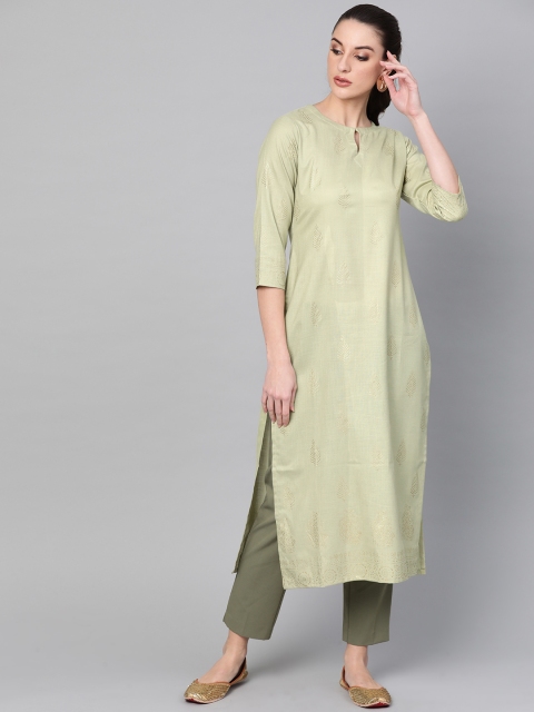 

Libas Women Green & Golden Block Print Straight Kurta