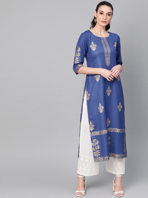 

Libas Women Blue & Golden Block Print Straight Kurta