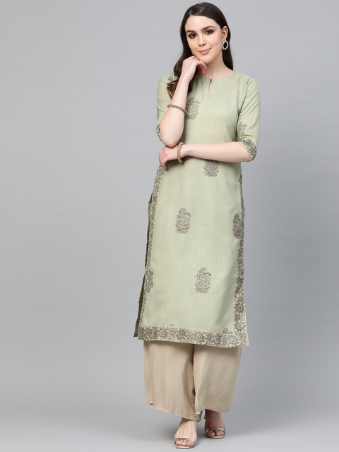 

Libas Women Green & Black Block Print Straight Kurta