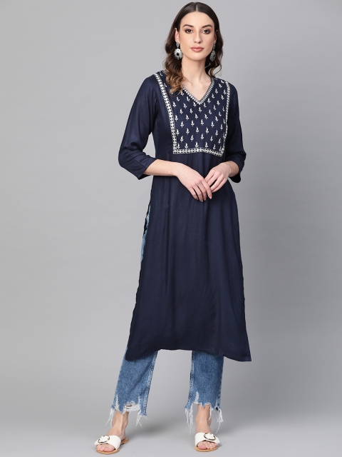 

Libas Women Navy Blue Yoke Design Straight Kurta