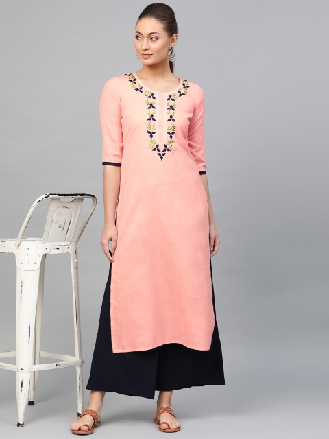 

Libas Women Peach-Coloured & Navy Blue Yoke Design Straight Kurta
