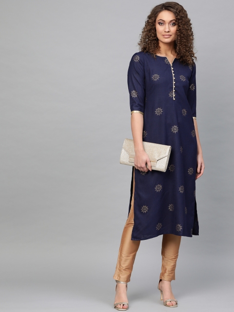 

Libas Women Navy & Golden Block Print Straight Kurta, Navy blue