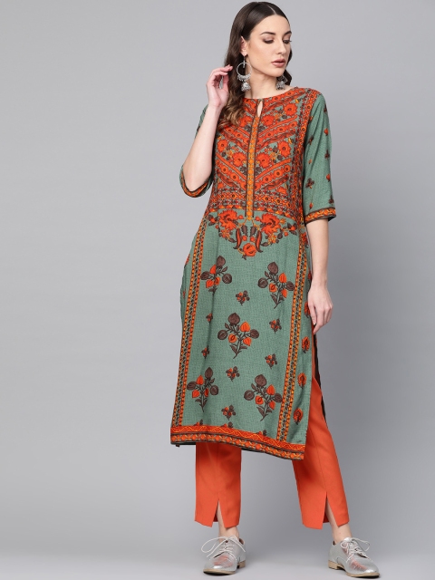 

Libas Women Green & Orange Printed Straight Kurta