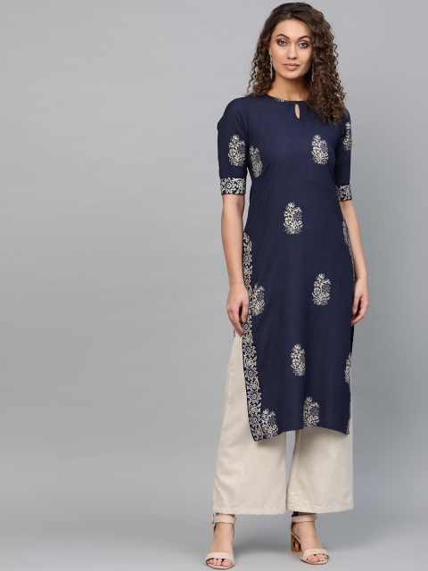 

Libas Women Navy Blue & Golden Printed Straight Kurta