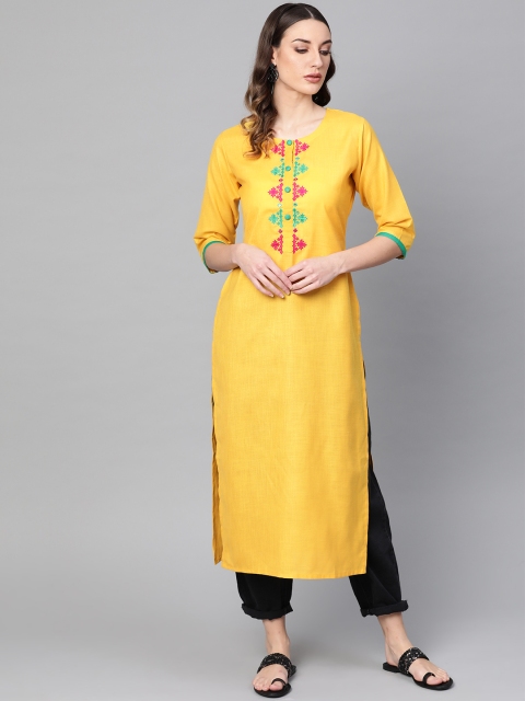 

Libas Women Mustard Yellow Yoke Design Straight Kurta