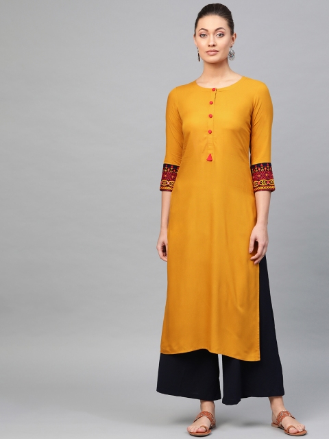 

Libas Women Mustard Yellow Solid Straight Kurta