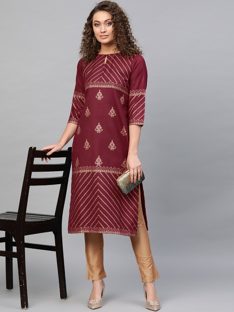 

Libas Women Maroon & Golden Block Print Straight Kurta