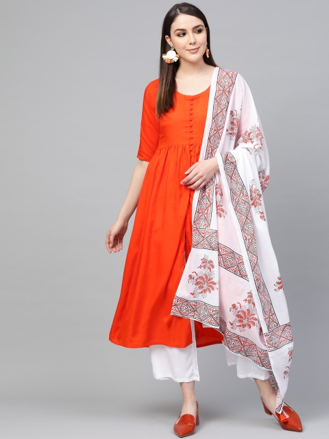 

Libas Women Orange & White Solid Kurta with Palazzos & Dupatta