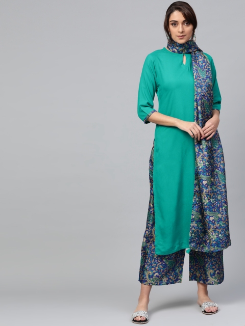 

Libas Women Green & Navy Blue Solid Kurta with Palazzos & Dupatta