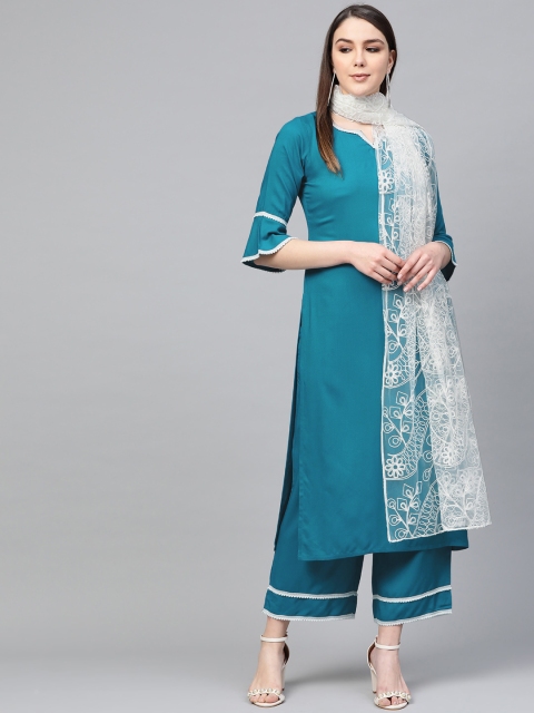 

Libas Women Teal Blue & White Solid Kurta with Palazzos & Dupatta