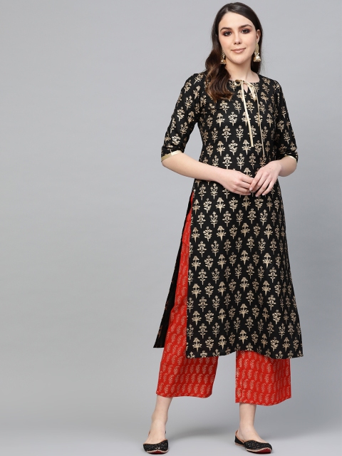 

Libas Women Black & Golden Block Print Kurta with Palazzos