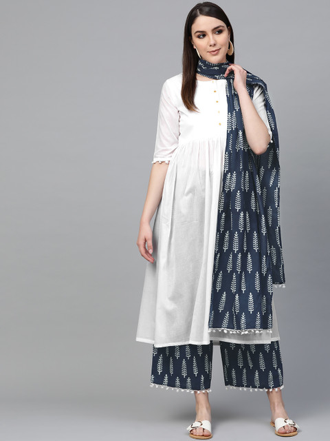 

Libas Women White & Navy Blue Solid Kurta with Palazzos & Dupatta