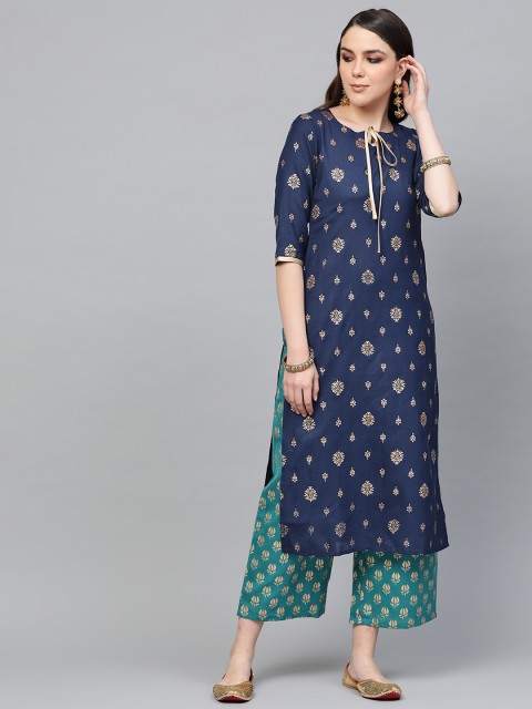 

Libas Women Navy Blue & Green Block Print Kurta with Palazzos