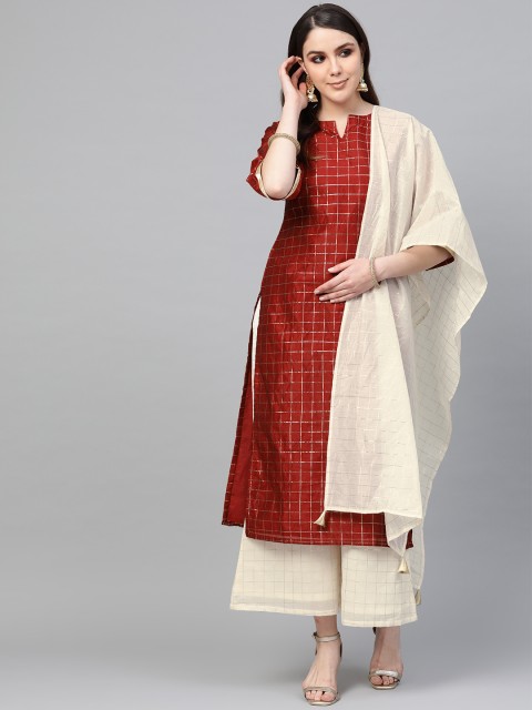 

Libas Women Maroon & Off-White Checked Kurta with Palazzos & Dupatta