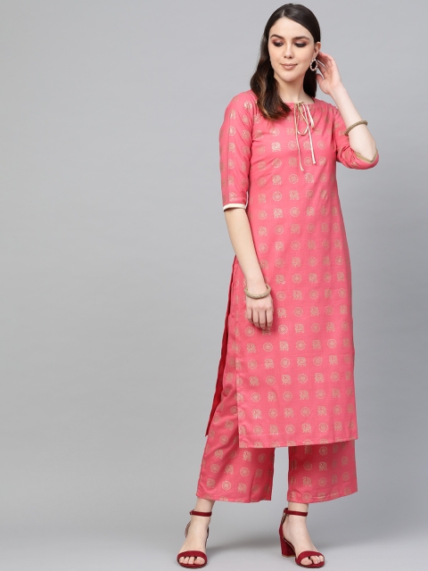 

Libas Women Pink & Golden Block Print Kurta with Palazzos