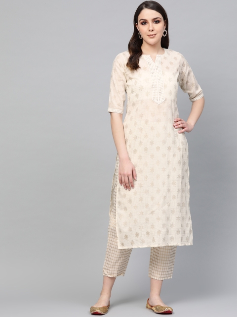 

Libas Women Off-White & Golden Block Print Kurta with Trousers