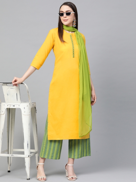 

Libas Women Mustard Yellow & Green Solid Kurta with Palazzos & Dupatta