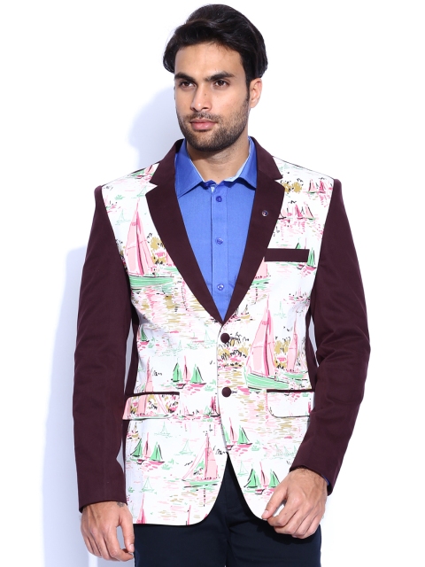 

Blazer Quarter Off-White & Burgundy Printed Single-Breasted Blazer