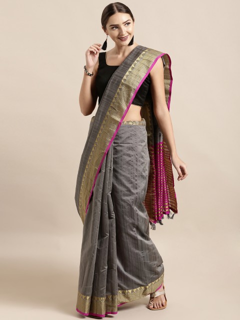 

Mitera Grey Melange & Pink Silk Blend Striped Chanderi Saree
