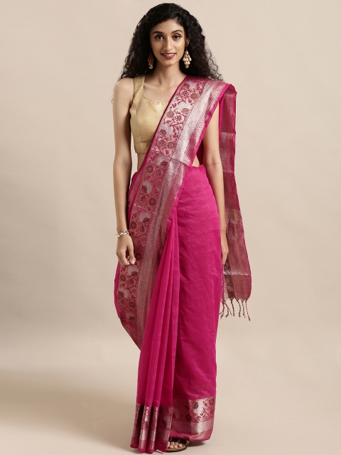 

Mitera Pink Silk Cotton Solid Kanjeevaram Saree