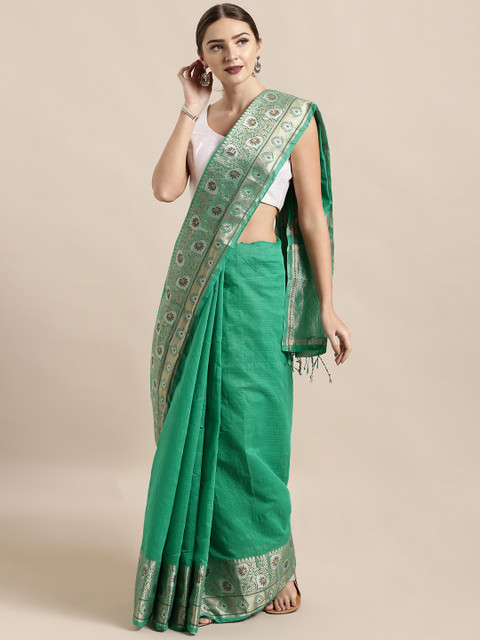 

Mitera Green Silk Cotton Solid Kanjeevaram Saree