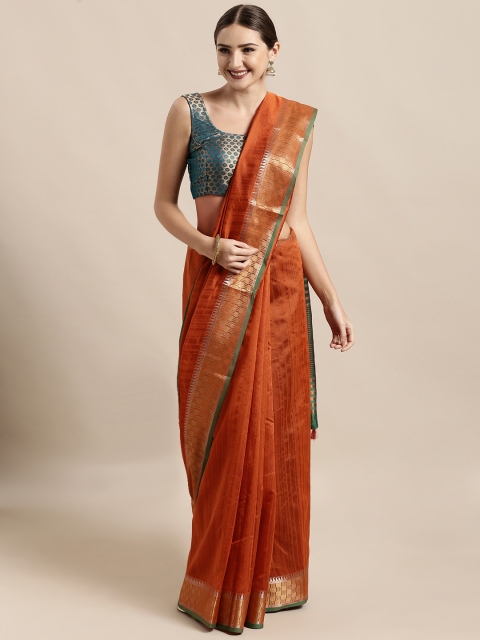 

Mitera Rust Orange Silk Blend Solid Chanderi Saree