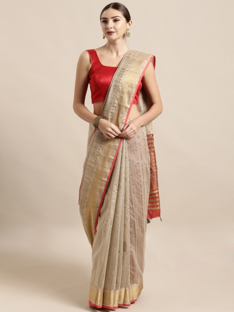 

Mitera Beige & Red Silk Blend Solid Chanderi Saree