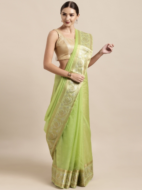 

Mitera Lime Green Silk Cotton Solid Kanjeevaram Saree