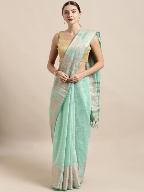 

Mitera Turquoise Blue Silk Cotton Solid Kanjeevaram Saree