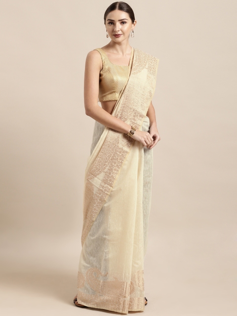 

Mitera Beige Silk Cotton Solid Kanjeevaram Saree